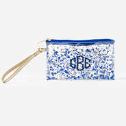 monogrammed glitter wristlet pouch in blue navy monogram