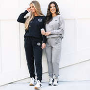 heathered gray and black monogrammed sweatshirt and joggers