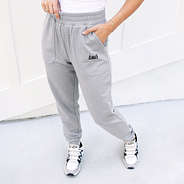 heathered grey monogrammed joggers with sneakers