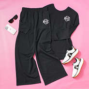 monogrammed wide leg pants and sweatshirt ootd