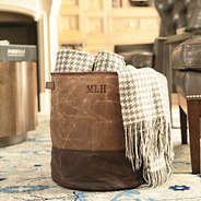 waxed canvas storage basket in man cave