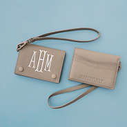 front and back Monogrammed card holder wristlet flatlay empty