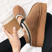 platform moccasins with leggings and coffee