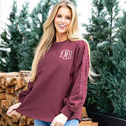 burgundy accent sleeve sweatshirt on rachel