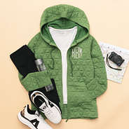 quilted full zip hoodie in sage outfit with leggings