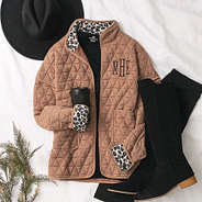 personalized quilted coat in almond outfit with boots and hat
