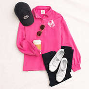 monogrammed hot pink henley pullover sweatshirt with baseball hat