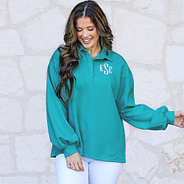 teal puff sleeve monogrammed sweatshirt with collar