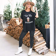 girl wearing sequin coffee t shirt with leggings