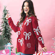 crimson sequin bow sweatshirt on peyton