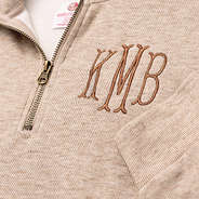 close up of tan monogrammed heathered fleece pullover