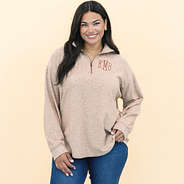 girl wearing personalized heathered fleece pullover in tan