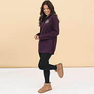 personalized quilted pullover in plum with boots
