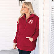 girl wearing crimson monogrammed sherpa pullover