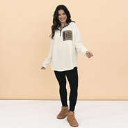 ivory Grid Fleece Quarter Zip Pullover on girl fullshot
