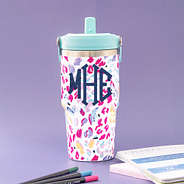 monogrammed wild confetti flip top tumbler with office supplies