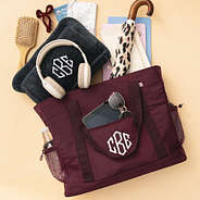 personalized carry on tote in burgundy packed