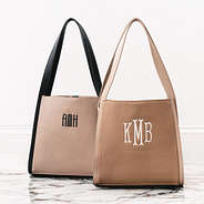 personalized shoulder totes in brown and tan