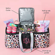 extra large cooler tote in sunset leopard infographic