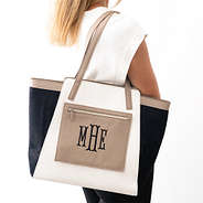 black colorblock tote bag on shoulder