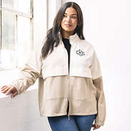 girl wearing personalized colorblock jacket with jeans