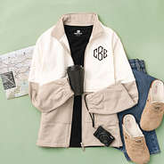 monogrammed colorblock jacket outfit with clogs