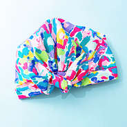 watercolor cheetah reusable shower cap on blue background