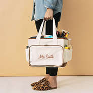 Teacher carrying tote caddy