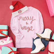 merry and bright light pink christmas sweatshirt with santa hat
