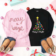 merry and bright sweatshirt in black and light pink outfits