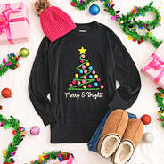 merry and bright sweatshirt in black outfit with moccasins