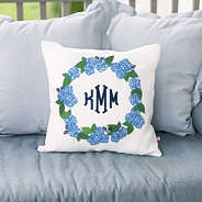 blue hydrangea monogrammed pillow sham outside