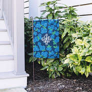 blue hydrangea spring garden flag next to staircase
