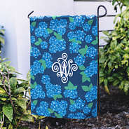 blue hydrangea spring garden flag up close