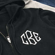 close up of navy grey and blue monogrammed knit sweater jackets