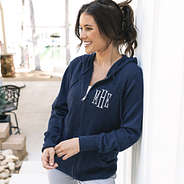 girl wearing personalized knit sweater jacket in navy blue