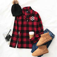 red buffalo check plaid fleece flatlay
