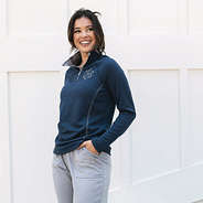 girl wearing navy athletic pullover
