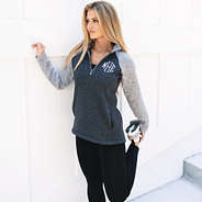 girl wearing personalized colorblock quarter zip fleece pullover in heathered charcoal