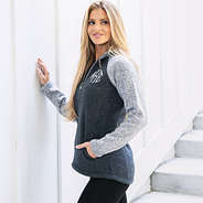 side of monogrammed colorblock quarter zip fleece pullover in heathered charcoal