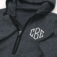 close up of personalized fleece quarter zip hoodie in charcoal