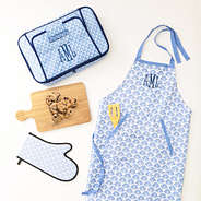 blue shells casserole carrier flatlay with apron