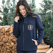 girl wearing monogrammed navy field fleece jacket