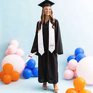 white graduation stole with red monogram
