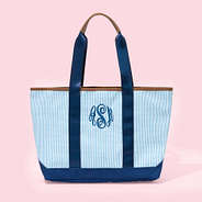 Monogrammed Blue Seersucker Tote Bag in Navy