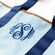 blue seersucker tote bag up close