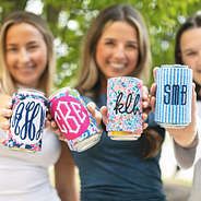 red white and bloom watercolor cheetah coral floral and seersucker stripe monogrammed can koolies