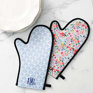 blue shell and coral floral neoprene oven mitts
