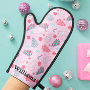 personalized neoprene oven mitt in fun and frosted with presents
