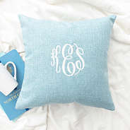 light blue linen pillow case flatlay
